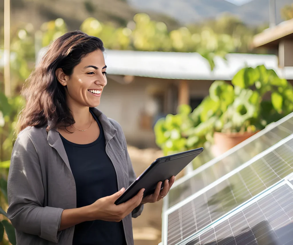 femme avec une tablette devant panneaux photovoltaiques