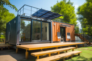 Container transformé en maison et équipé de panneaux solaires