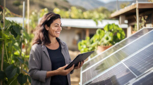 Femme dans son jardin gérant ses panneaux solaires avec une tablette tactile