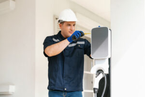 technicien qualifié IRVE qui installe une borne de recharge pour véhicule électrique