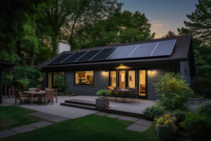 Maison avec toiture équipée de panneaux solaires