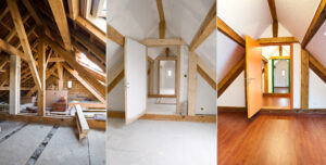 3 visuels : avant, pendant et après les travaux montrant l'aménagement des combles d'une maison