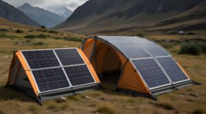 Panneaux solaires flexibles posés sur le dessus d'une toile de tente