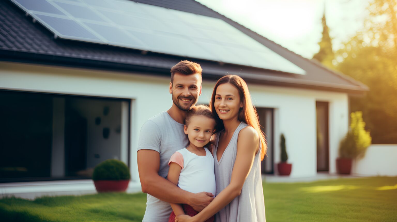 famille heureuse devant maison avec installation photovoltaique TVA 5,5%